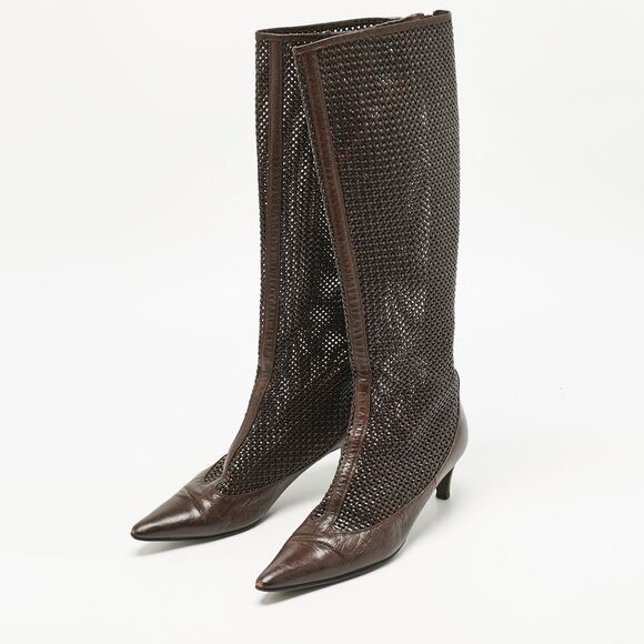 Bottega Veneta Dark Brown Woven Leather Zipped Knee Length Boots Size 39.5 - Picture 2 of 7